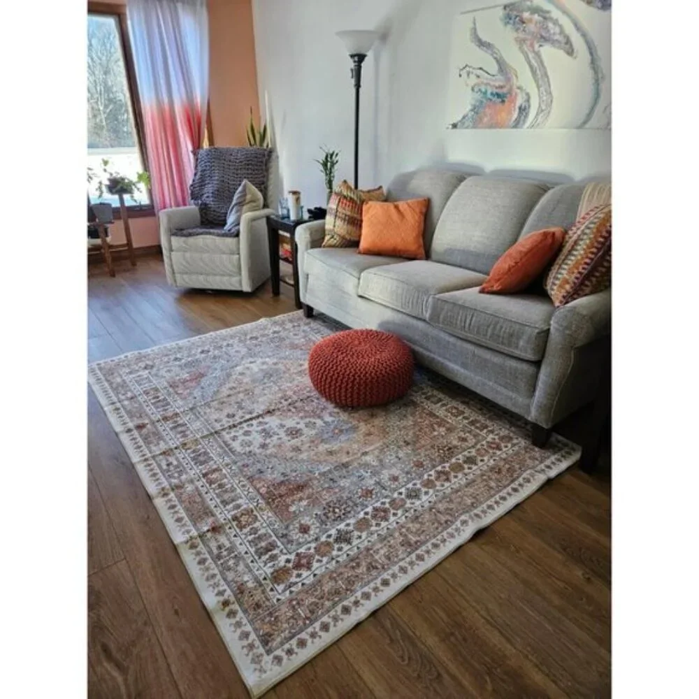 New 5x7 Washable Area Rug, Ultra-Thin Vintage Carpet for Room Decor - Beige